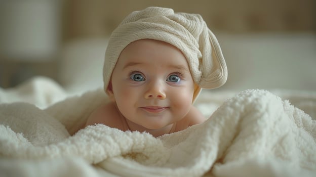 AI generated Smiling Baby in White Towel, Radiating Joy Close-Up photo