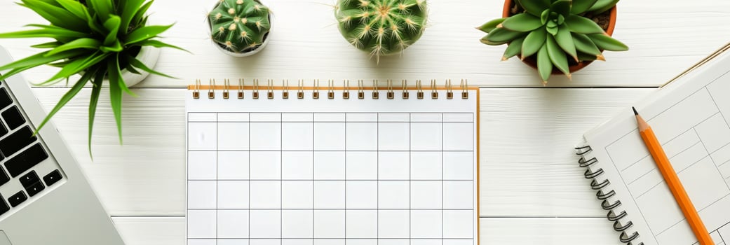 AI generated Blank monthly calendar on white wooden desk with laptop, potted plants, and pencil, featuring copy space for planning and organization concepts photo