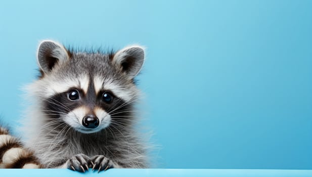 AI generated Portrait of funny fluffy raccoon with paws isolated on light blue background. Horizontal banner template with copy space for text photo