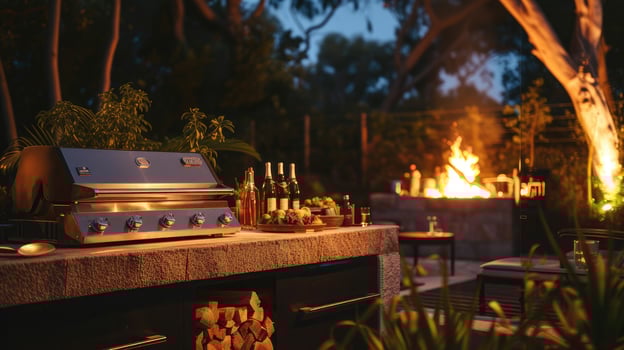 AI Generated an outdoor barbecue grill as flames dance around succulent meats and vegetables, evoking the mouthwatering aroma of grilled delicacies in the open air. photo