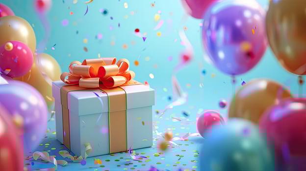 AI Generated a beautifully decorated gift box surrounded by colorful balloons, perfect for birthdays, Mother's Day, weddings, Valentine's Day, or any festive celebration, conveying joy photo