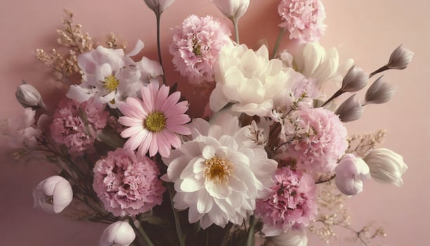 Beautiful spring flowers on light pink background. Top view photo