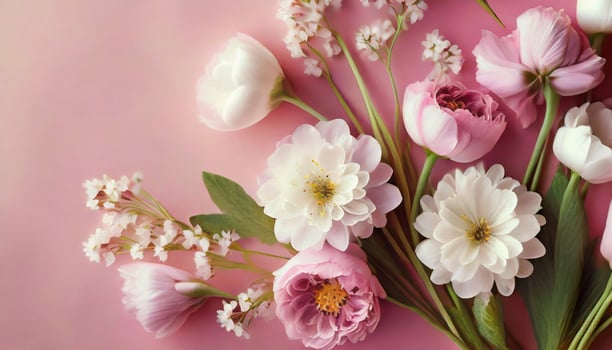 Beautiful spring flowers on light pink background. Top view photo