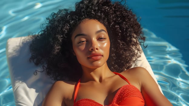 AI generated A young beautiful girl with thick dark curly hair in a red swimsuit lies and sunbathes on a white chaise lounge photo