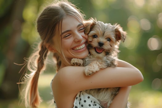 AI generated A young beautiful woman in a white dress with black polka dots is holding a Yorkshire terrier puppy in her hands photo