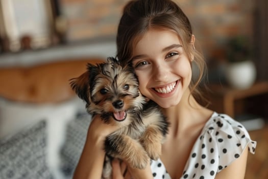 AI generated A young beautiful woman in a white dress with black polka dots is holding a Yorkshire terrier puppy in her hands photo