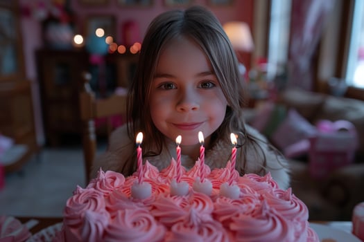 AI generated Happy dressed up ten year old girl blowing out candles on bright pink festive birthday cake photo