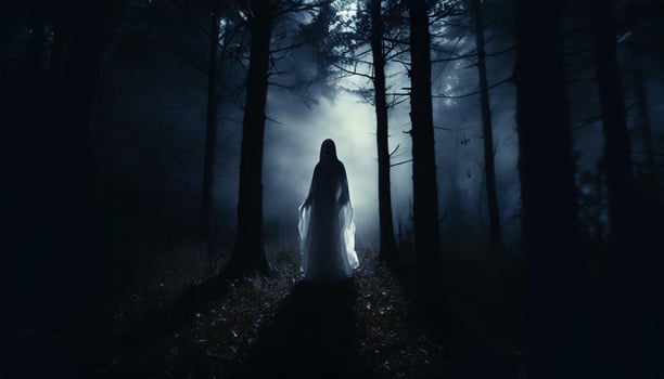 Ghost in the dark scary woods. Human silhouette walking in forest. photo