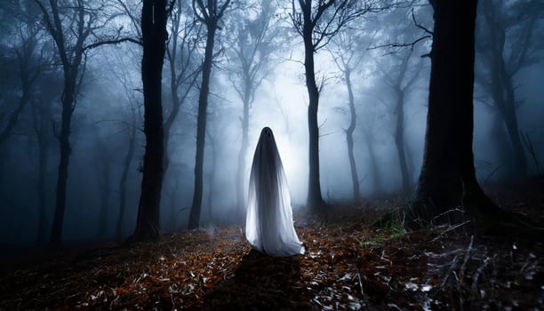 Ghost in the dark scary woods. Human silhouette walking in forest. photo