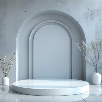 AI generated empty white podium in a light minimalist interior photo