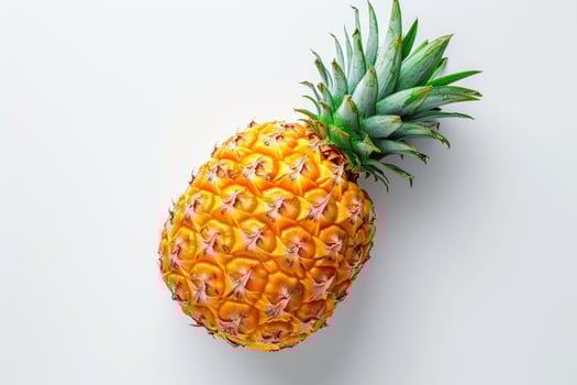 AI generated Fresh Whole Pineapple Lying on a Clean White Background A ripe pineapple with vibrant green leaves starkly contrasts against a pristine white surface in a simple composition. photo