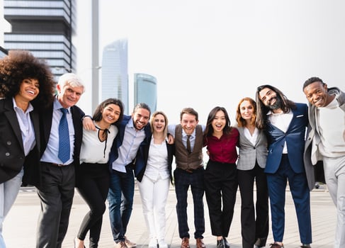 Team of multiracial business people with different ages and ethnicities standing in the city center during meeting work photo