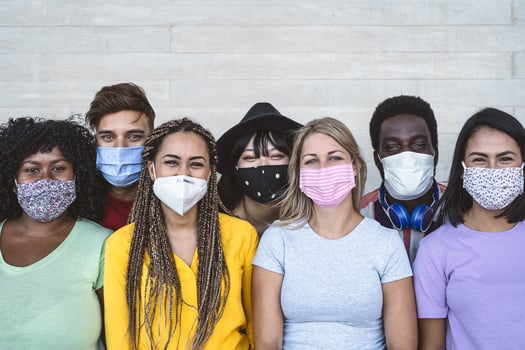 Group young people wearing face mask for preventing corona virus outbreak - Millennial friends with different age and culture portrait -  Coronavirus disease and youth multi ethnic concept photo