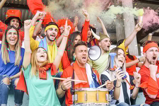 Football supporter fans watching international soccer match - Young group of excited friends having fun exulting at soccer world game at stadium - Youth, sport and celebration score concept photo