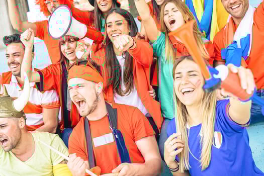 Football supporter fans watching international soccer match - Young group of excited friends having fun exulting at soccer world game at stadium - Youth, sport and celebration score concept photo