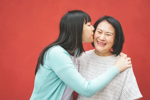 Happy Asian mother and daughter having fun outdoor - Portrait family people spending time together outside - Motherly love and parenthood lifestyle concept photo