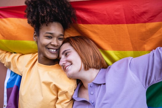 Happy gay couple celebrating pride holding rainbow flag outdoor - LGBTQ and love concept photo