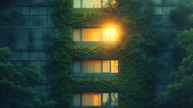 AI Generated The reflection of sunlight in a window in a high-rise building covered with plants photo