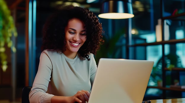AI generated Smiling Woman Working on Laptop Computer. Generative AI. photo
