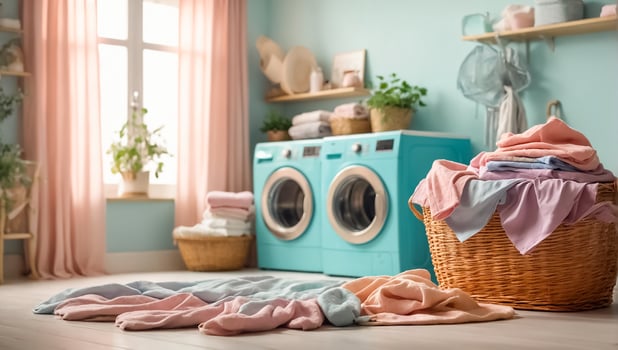 AI generated Basket with colored laundry for washing in laundry room photo