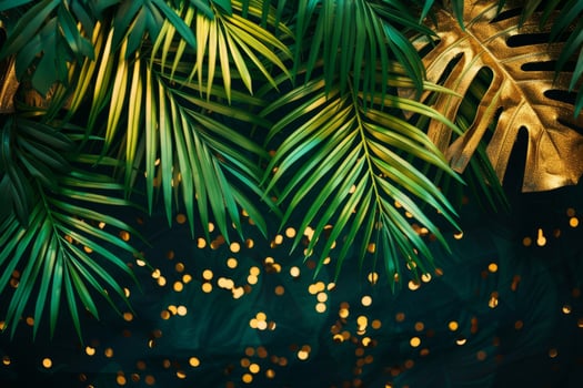 AI generated Tropical palm leaves and gold glitter background. Generative AI photo