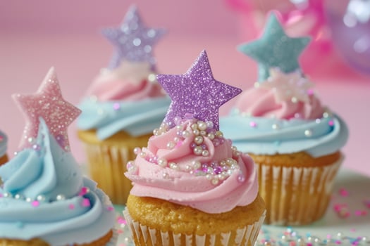 AI generated Cute princess themed cupcakes for a little girl decorated with sugar stars. Generative AI photo