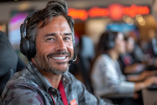 AI generated Cheerful customer service representative wearing headset in a busy call center. photo