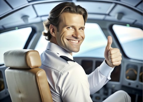 AI generated confident male pilot smiling while sitting in cockpit photo