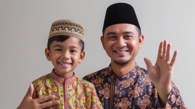 AI generated Happy muslim father and son smiling and wear traditional clothes photo
