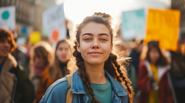AI generated Colorful banners and slogans for climate change protest, Gen Z activist and crowd in city square photo