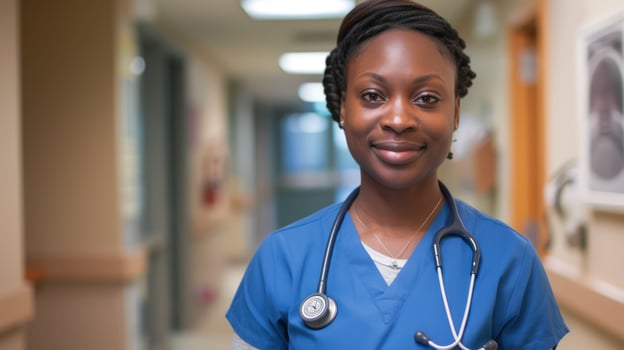 AI generated A black female medical worker donning blue scrubs and wearing a stethoscope around her neck is a healthcare provider. photo