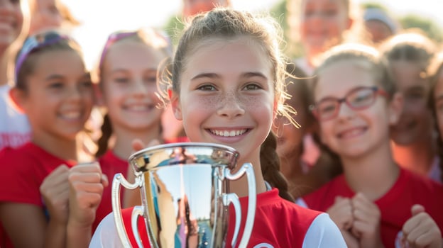 AI generated An American middle school girl athlete celebrating with her teammates as she kisses a trophy after a successful sports competition. photo
