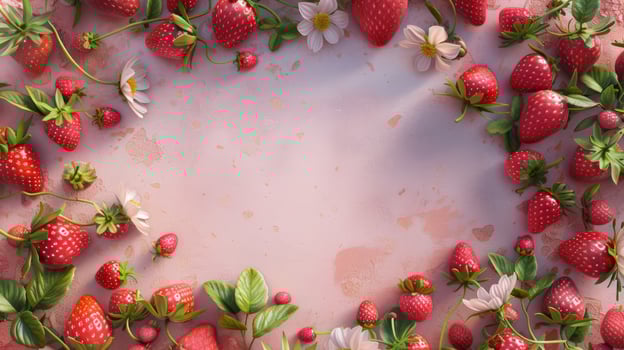 AI generated Pink-centered frame surrounded by realistic strawberries and berries from an aerial view. Blank copy space. Ai Generated photo