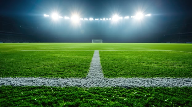 AI generated Green soccer field illuminated by bright spotlights, creating a vibrant and energetic atmosphere. Ai Generated. photo