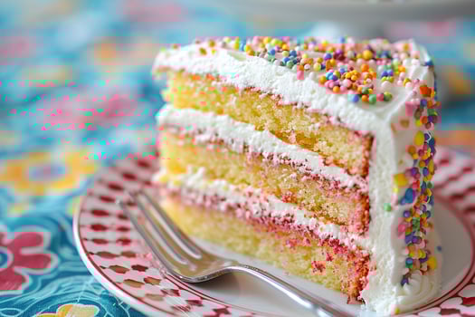 AI generated A close-up of a birthday cake slice with layers of colorful frosting and a fork on the side. Generative AI. photo