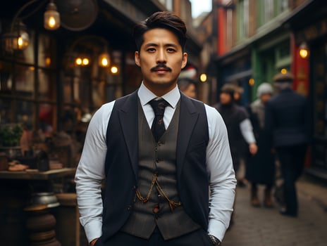 AI generated Portrait of Masculine Asian Man in Vintage Clothes. Gangster Group in 1920. Generative Ai photo