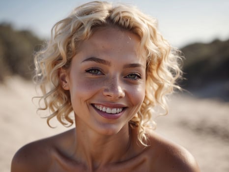 AI generated Beautiful Girl with blonde, curly hair in an outdoor beach setting photo
