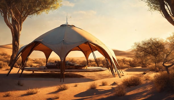 AI generated Camping tent in the desert at sunset. ai generative photo