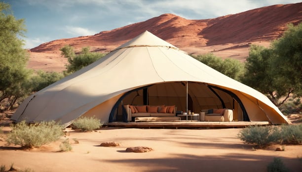 AI generated Camping tent in the desert at sunset. ai generative photo