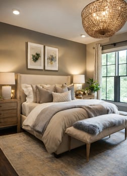 AI generated interior of classic bedroom, comfortable king size bed. ai generative photo