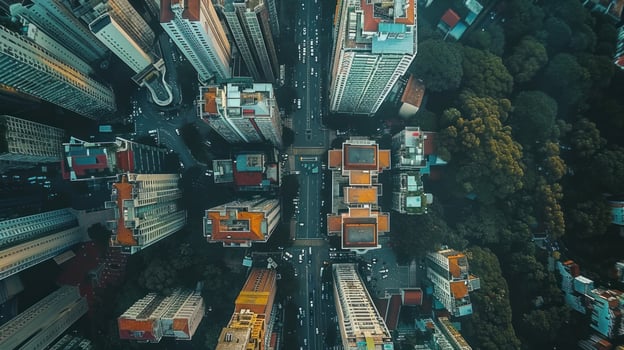 AI generated Dynamic aerial view of a bustling urban landscape, captured from a high vantage point photo
