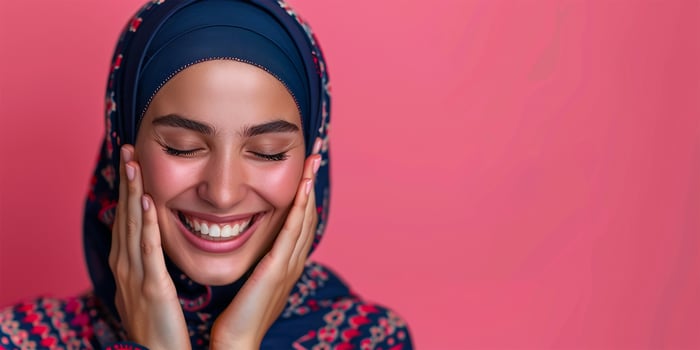 AI generated Hijab Wrapped Happiness Eyes Closed in Delight photo
