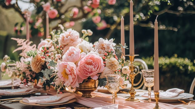 AI generated Wedding decoration with peonies, floral decor and event celebration, peony flowers and wedding ceremony in the garden, English country style photo