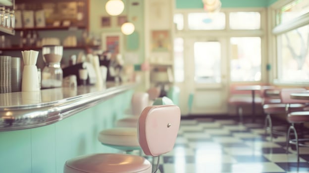 AI generated Generative AI, Vintage photo of American cafe 50s, retro interior design