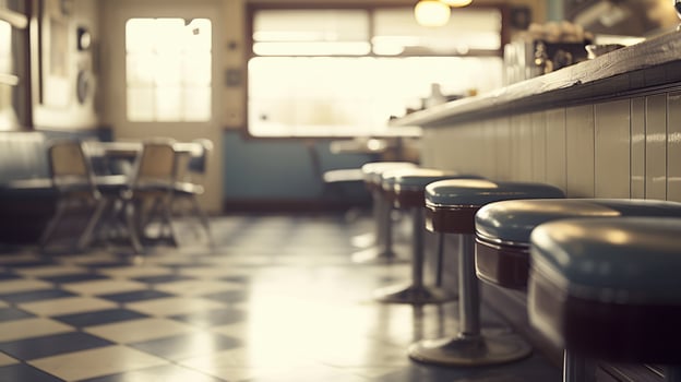AI generated Generative AI, Vintage photo of American cafe 50s, retro interior design