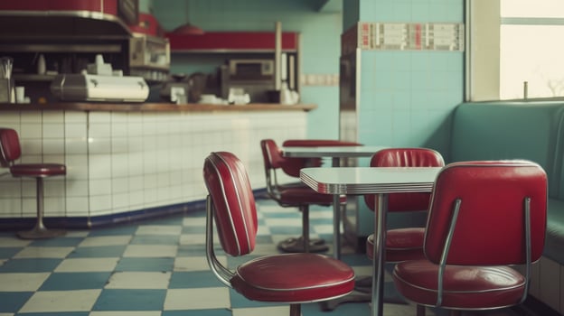 AI generated Generative AI, Vintage photo of American cafe 50s, retro interior design