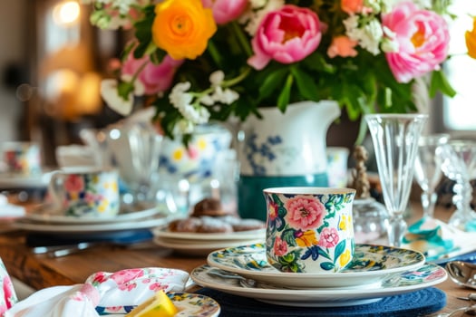AI generated Closeup of a beautifully set brunch table with colorful dishes. Generative AI photo