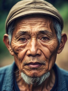 AI generated loseup portrait of elderly wise Vietnamese man, rural area people, diversity photo