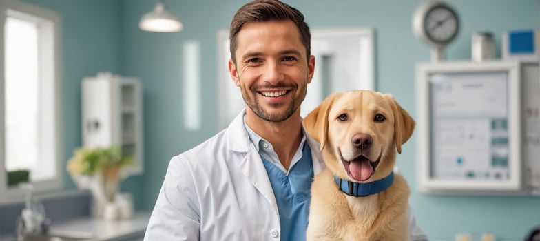 AI generated Male veterinarian doctor and cute dog in the clinic photo