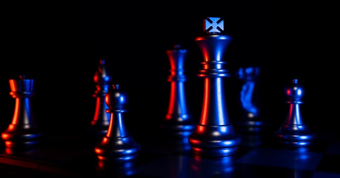 Golden Chess King standing to Be around of other chess, Concept of a leader must have courage and challenge in the competition, leadership and business vision for a win in business games photo